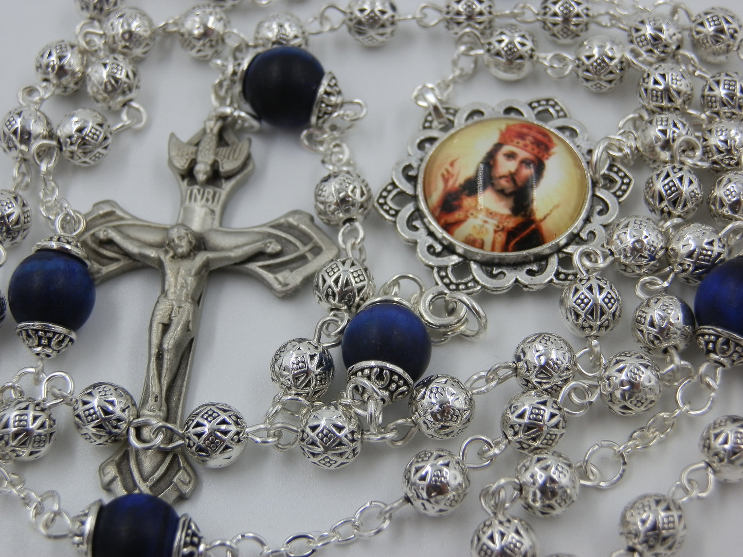 Christ The King Rosary beads, Silver Rosaries, Holy Spirit Pewter Crucifix, Lapis Lazuli rosaries, Rosary beads, Heirloom Rosaries.