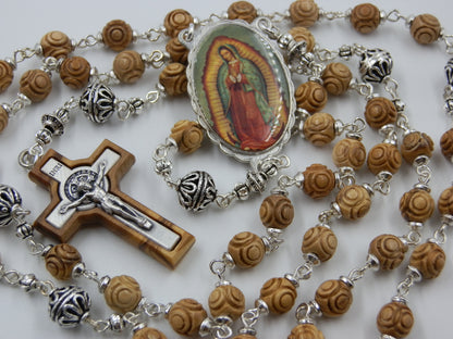 Handcrafted wooden Our Lady of Guadalupe Rosaries, wooden Rosary beads, St. Benedict Crucifix, Vintage style rosary beads, Religious gift.