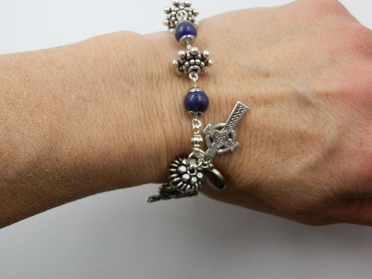 Lapis Lazuli Rosary Bracelet, Single decade bracelet, Celtic Cross, Religious wedding gift, spiritual prayer gift. Religious prayer beads