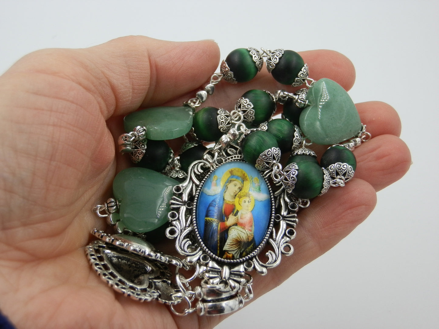 Two Hearts of Jesus and Mary prayer Chaplet, Heirloom tigers eye gemstone prayer beads, Rosaries, Spiritual beads, Rosary bead Chaplet.
