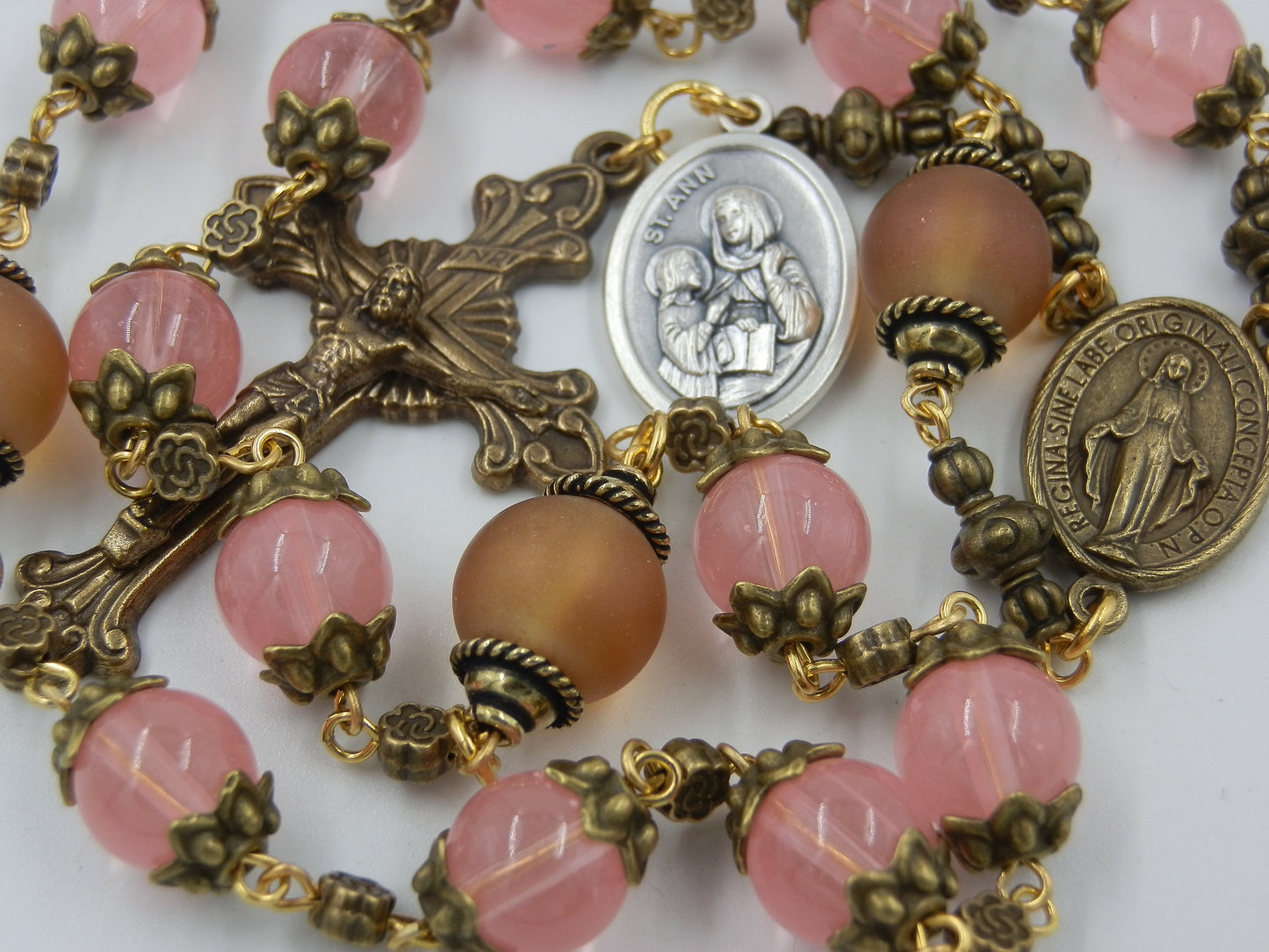 Large handcrafted St. Ann vintage style prayer chaplet. St. Anne Beads, Miraculous medal, Large vintage prayer beads, Pocket Rosaries beads.