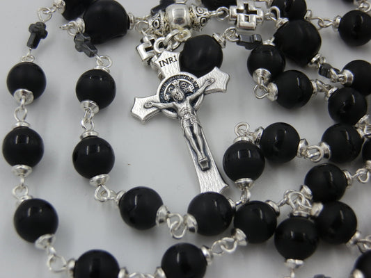 Onyx Chaplet for the Dead, Rosary Prayer Chaplet, St. Benedict Crucifix, Momento Mori beads, travel Rosaries, Wedding gift, Prayer Rosaries,