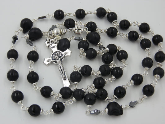 Onyx Chaplet for the Dead, Rosary Prayer Chaplet, St. Benedict Crucifix, Momento Mori beads, travel Rosaries, Wedding gift, Prayer Rosaries,