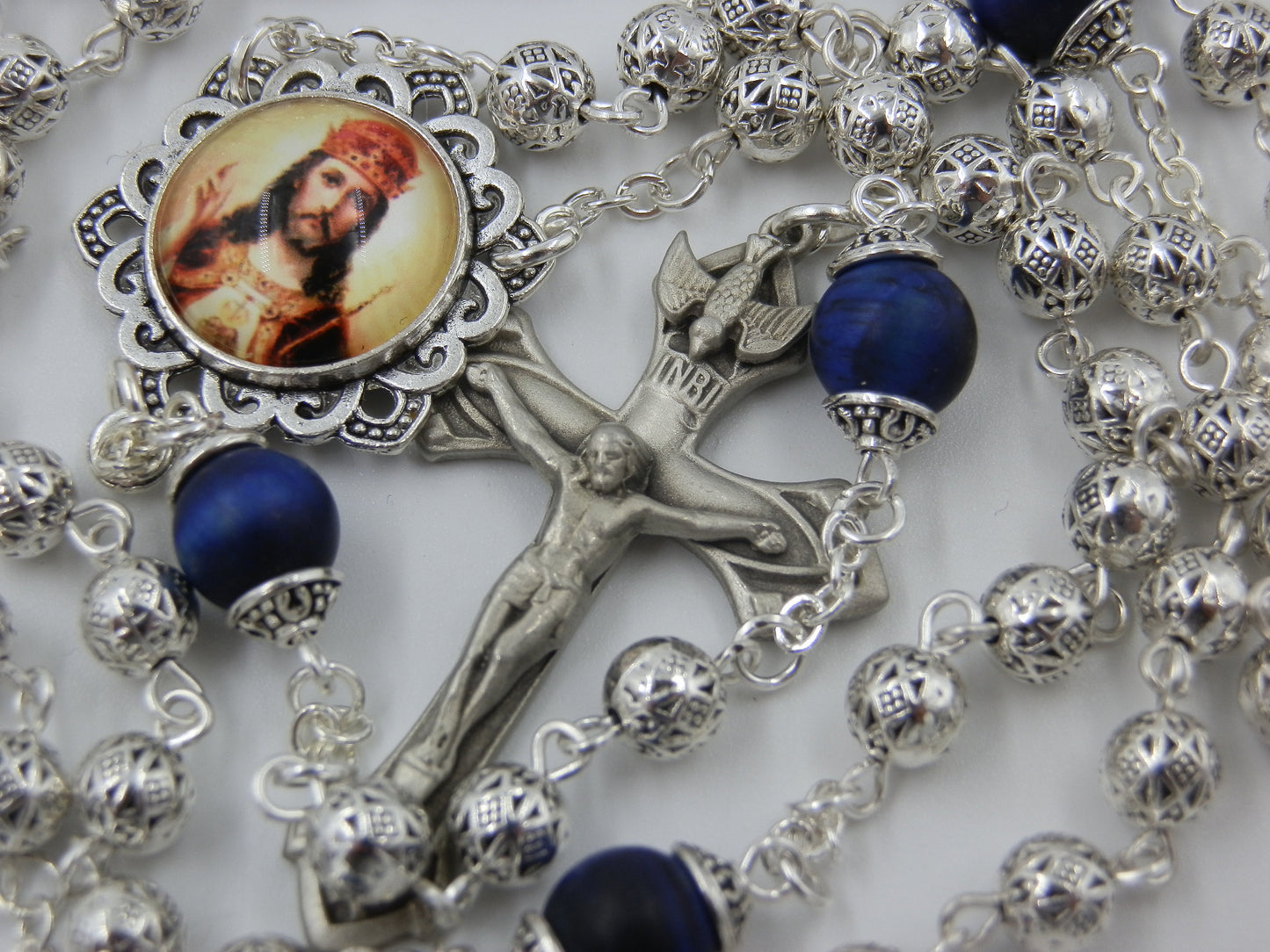 Christ The King Rosary beads, Silver Rosaries, Holy Spirit Pewter Crucifix, Lapis Lazuli rosaries, Rosary beads, Heirloom Rosaries.