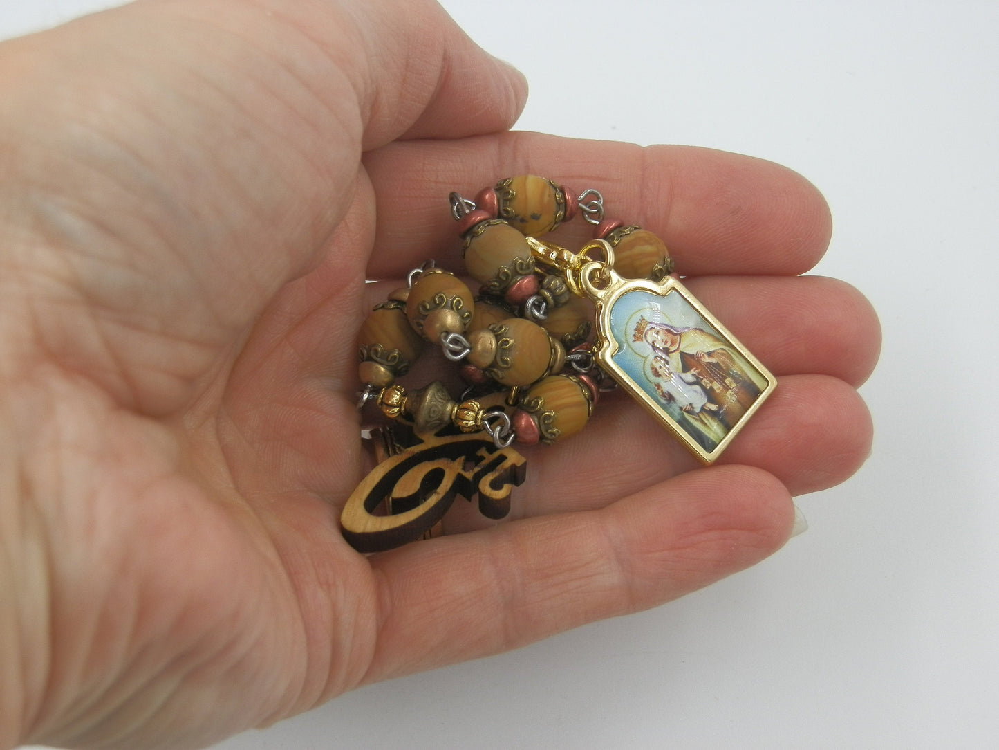 Our Lady of Mount Carmel gemstone prayer chaplet beads,  Holy Land prayer Beads, Travel Rosaries, Rosaries, Brown scapular travel beads.