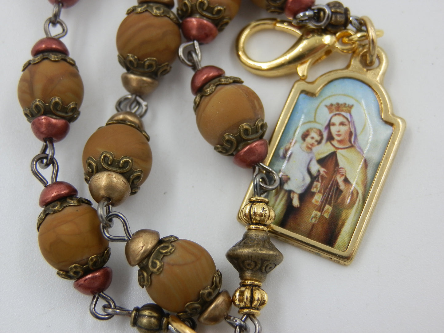 Our Lady of Mount Carmel gemstone prayer chaplet beads,  Holy Land prayer Beads, Travel Rosaries, Rosaries, Brown scapular travel beads.