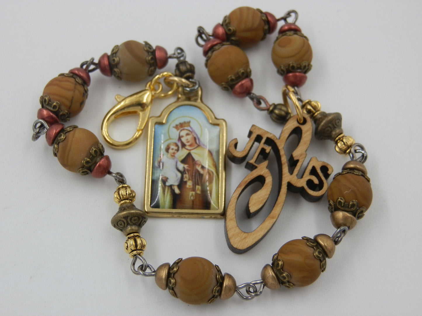 Our Lady of Mount Carmel gemstone prayer chaplet beads,  Holy Land prayer Beads, Travel Rosaries, Rosaries, Brown scapular travel beads.