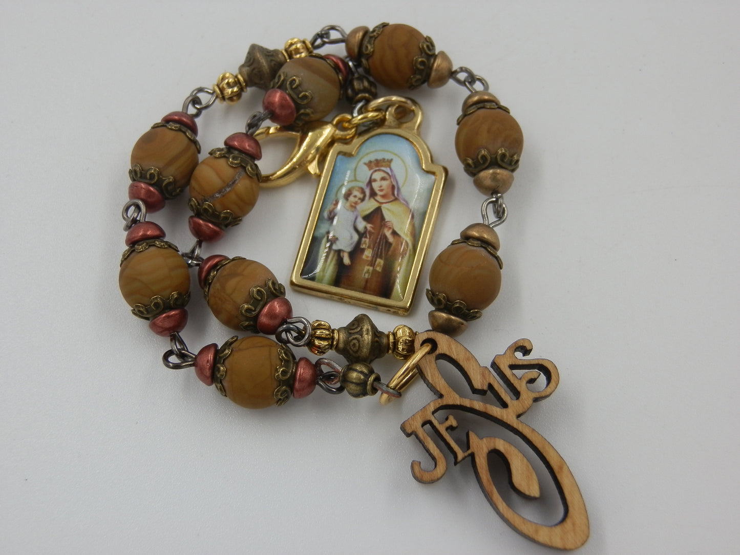 Our Lady of Mount Carmel gemstone prayer chaplet beads,  Holy Land prayer Beads, Travel Rosaries, Rosaries, Brown scapular travel beads.