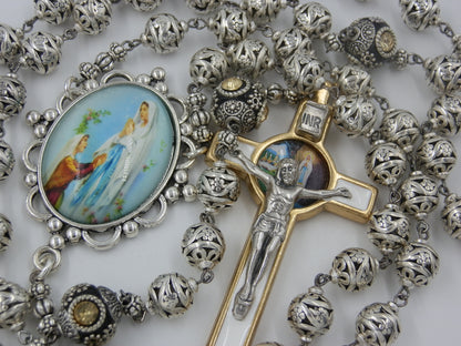Handcrafted Ex Large Lourdes Tibetan silver Rosary, Saint Bernadette Rosary, Spiritual Rosary beads, The Immaculate Conception Rosary.