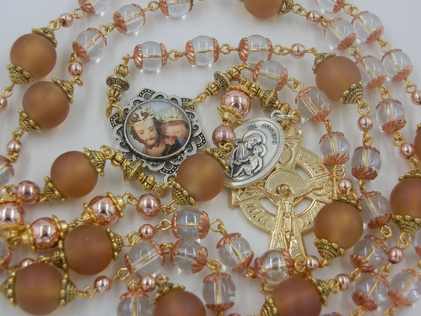 Saint Joseph RELIC prayer chaplet, Glass handcrafted prayer Beads, St. Joseph beads, Patron Saints medals, Rosaries, Heirloom Wedding gift