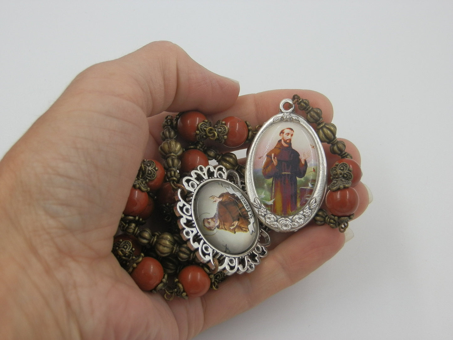 Large Heirloom Gemstone Saint Francis of Assisi prayer beads, Assisi beads, St. Francis medal, Heirloom Rosaries, Men's Prayer Chaplet.