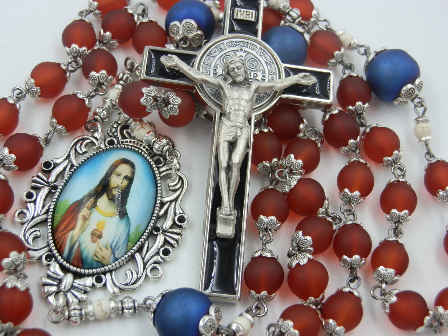 Sacred Heart of Jesus red glass rosary beads, St. Benedict Crucifix rosary beads, Religious gifts, Virgin Mary rosaries.