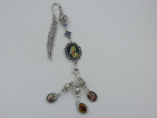 Religious bookmark, St. Joseph medal, Sacred heart medal, Our Lady of Sorrows medal, Religious gifts, Handmade bookmarker.