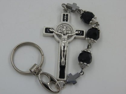 Saint Benedict Three Hail Mary prayer beads, Saints keychain, Religious Medal, Religious Purse clip, Religious gift, Travel Cross.