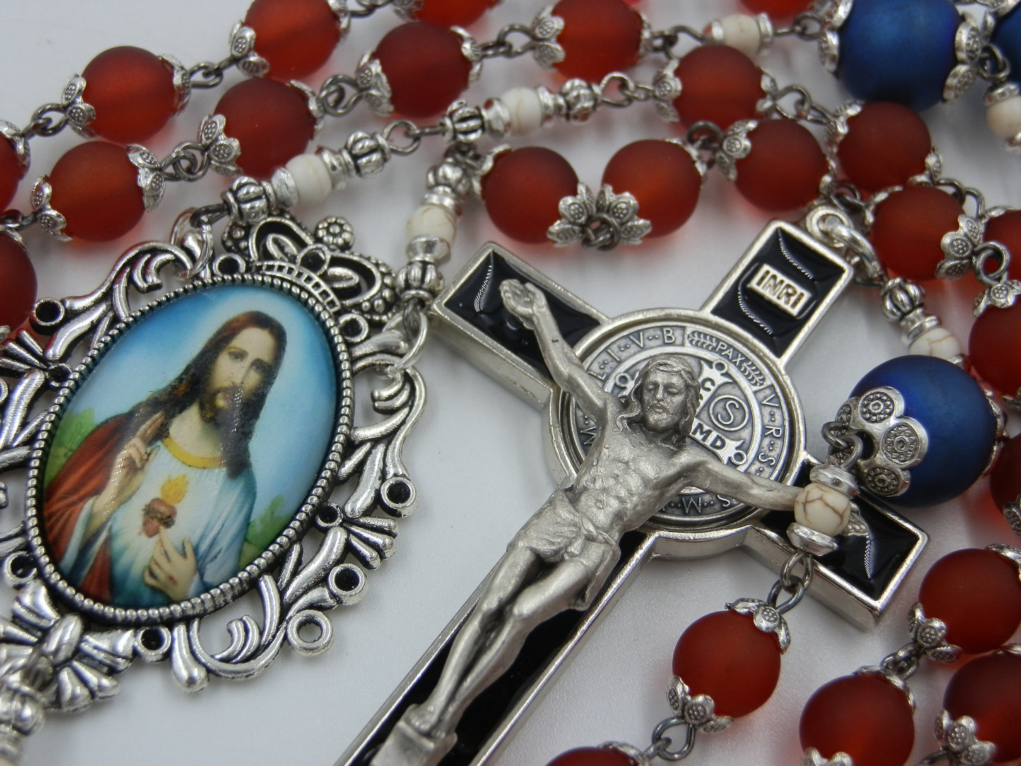 Sacred Heart of Jesus red glass rosary beads, St. Benedict Crucifix rosary beads, Religious gifts, Virgin Mary rosaries.