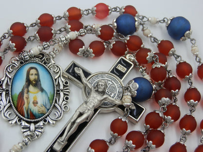 Sacred Heart of Jesus red glass rosary beads, St. Benedict Crucifix rosary beads, Religious gifts, Virgin Mary rosaries.