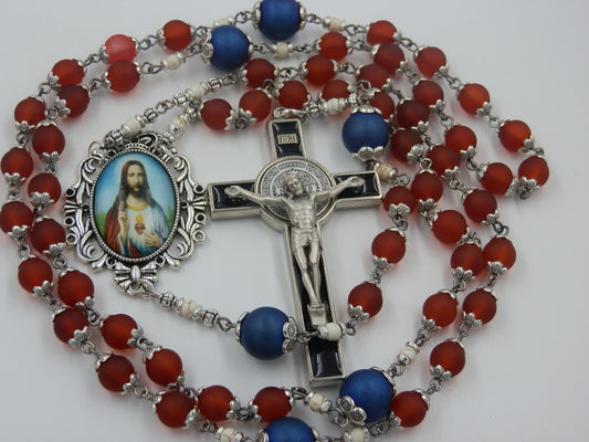 Sacred Heart of Jesus red glass rosary beads, St. Benedict Crucifix rosary beads, Religious gifts, Virgin Mary rosaries.