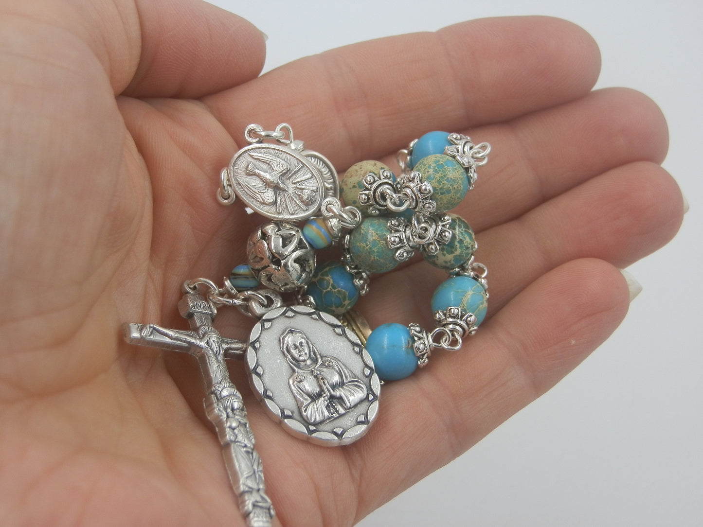 Maria Rosa Mistica handcrafted single decade prayer Beads, Holy Spirit Rosary beads, Our Lady of Sorrows Crucifix, pocket prayer beads.