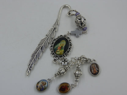 Religious bookmark, St. Joseph medal, Sacred heart medal, Our Lady of Sorrows medal, Religious gifts, Handmade bookmarker.