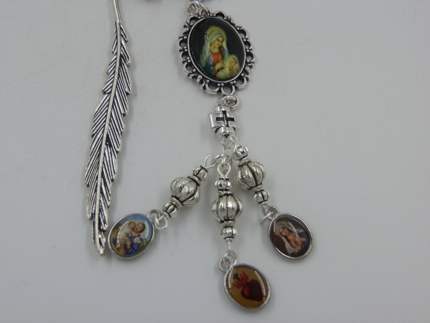 Religious bookmark, St. Joseph medal, Sacred heart medal, Our Lady of Sorrows medal, Religious gifts, Handmade bookmarker.