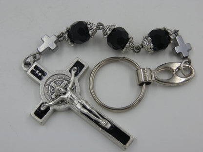 Saint Benedict Three Hail Mary prayer beads, Saints keychain, Religious Medal, Religious Purse clip, Religious gift, Travel Cross.