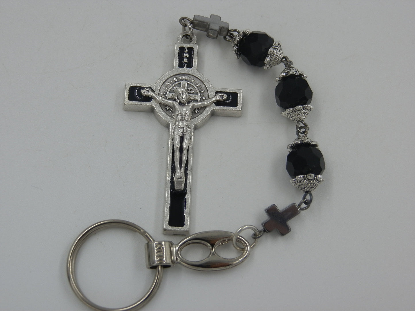 Saint Benedict Three Hail Mary prayer beads, Saints keychain, Religious Medal, Religious Purse clip, Religious gift, Travel Cross.