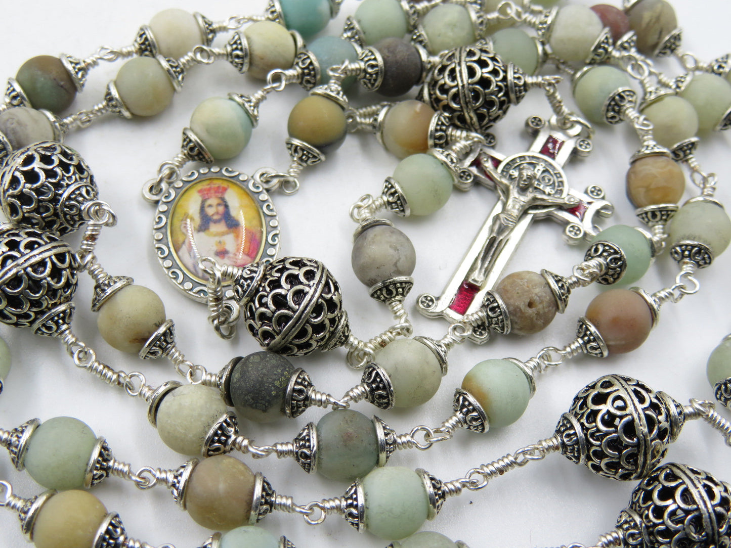 Unbreakable wire wrapped Rosary Beads, Sacred Heart Rosaries, St Benedict Rosary, Amazonite Gemstone prayer beads, Religious Wedding gift