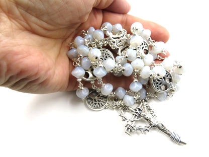 Tree of life rosary beads with white lamp glass and silver crucifix and miraculous medal centre.