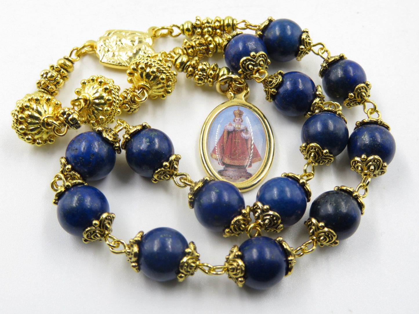 Heirloom Lapis Lazuli Infant of Prague Chaplet, holy Family prayer chaplet, Prayer Chaplet, Travel Rosary Car Visor, Christian prayer beads.