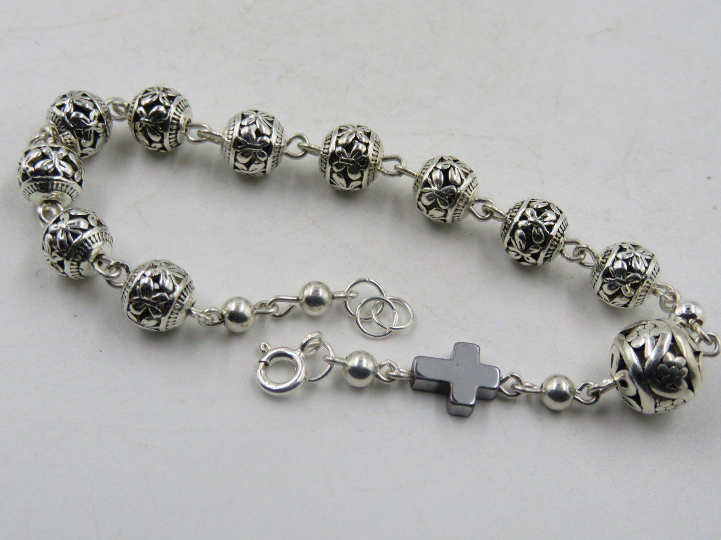 Tibetan silver single decade Rosary bracelet, Hematite gemstone cross, Religious prayer beads. Religious silver jewellery