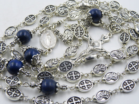 Immaculate Heart of Mary silver Rosary beads, Cross bead Rosaries, Sacramental Rosary beads,  Heirloom Rosary , Lapis Lazuli prayer beads.