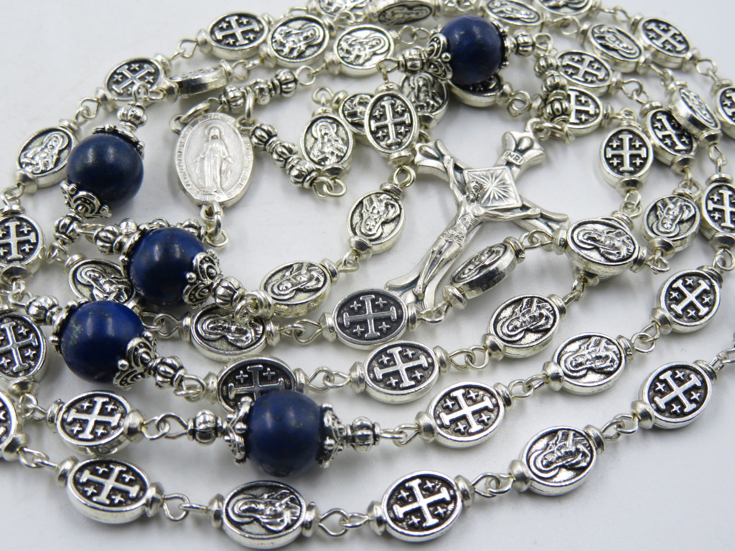 Immaculate Heart of Mary silver Rosary beads, Cross bead Rosaries, Sacramental Rosary beads,  Heirloom Rosary , Lapis Lazuli prayer beads.