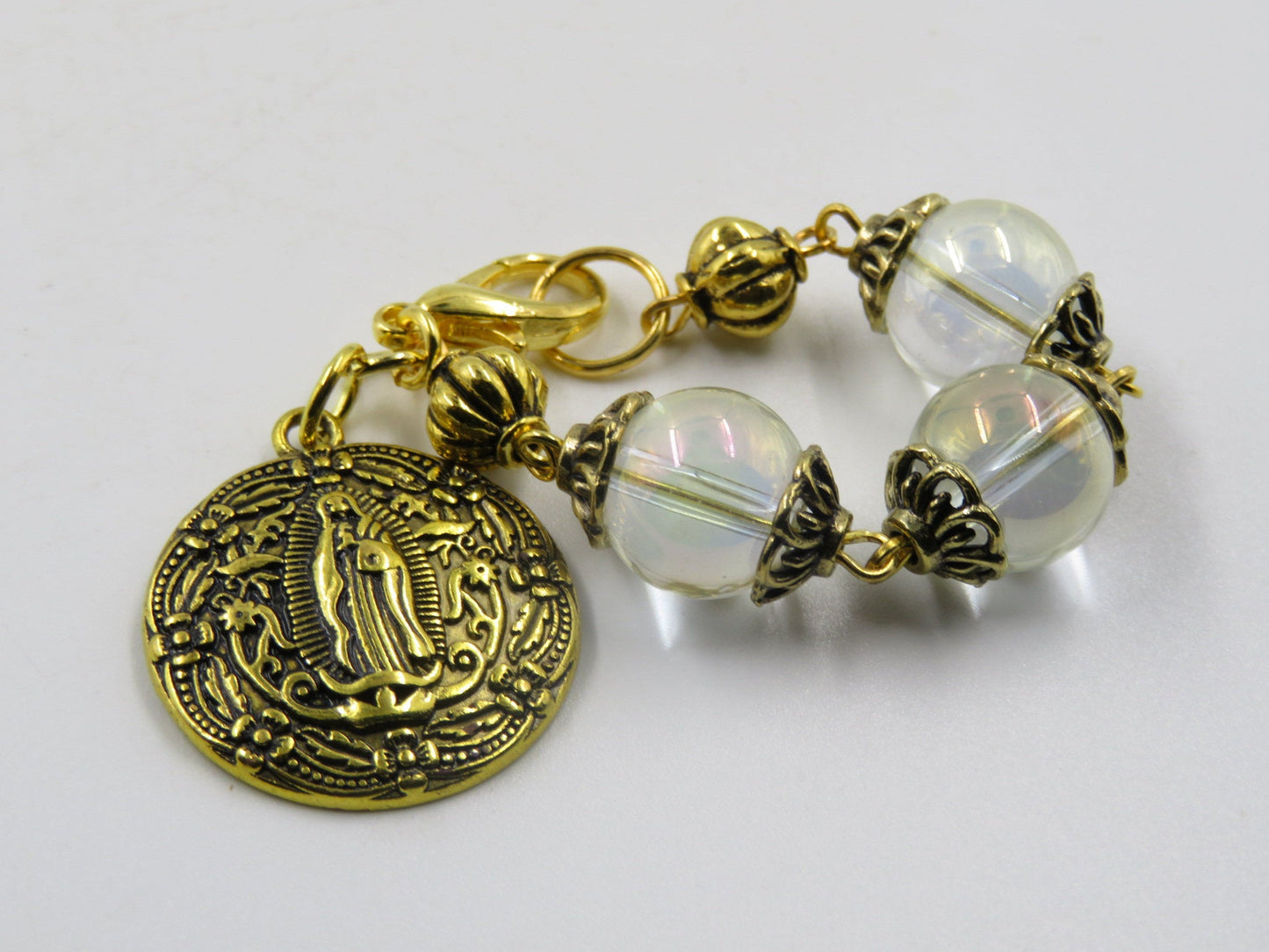 Our Lady of Guadalupe gold medal purse clip, Religious Key chain medal, Rosary beads, Three Hail Mary bead, prayer beads, Ave Maria beads.