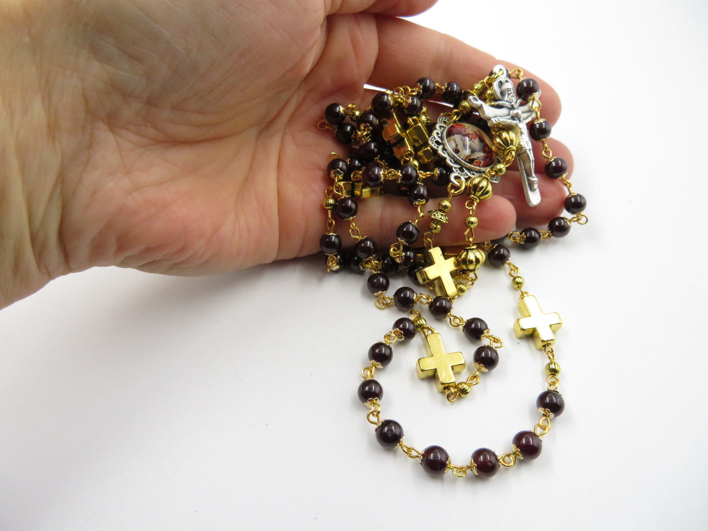 God The Father garnet gemstone prayer chaplet, Handcrafted prayer beads, Holy Trinity Crucifix prayer beads, prayer beads, Religious Gift.