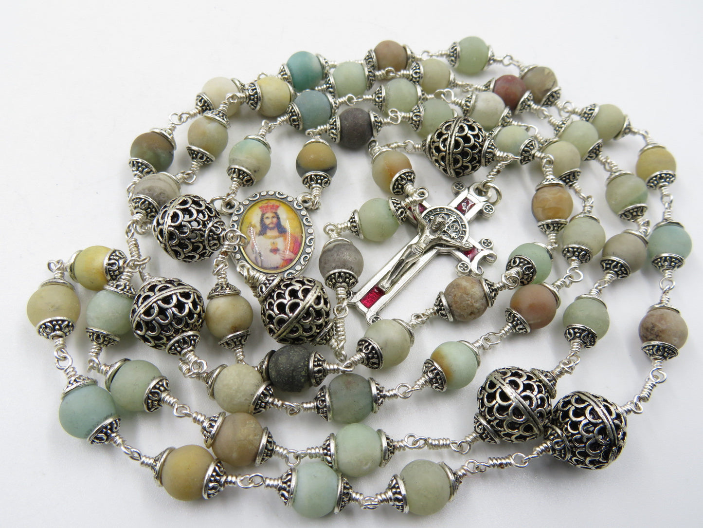 Unbreakable wire wrapped Rosary Beads, Sacred Heart Rosaries, St Benedict Rosary, Amazonite Gemstone prayer beads, Religious Wedding gift
