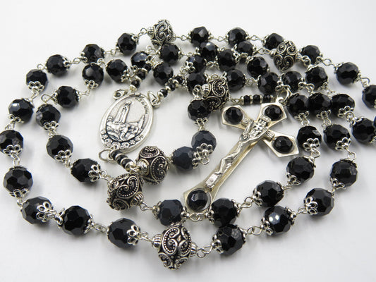 Handmade faceted glass Fatima Rosary beads, Large Terra de Fatima relic rosaries and medal, Wedding heirloom gift, Confirmation Rosary gift.