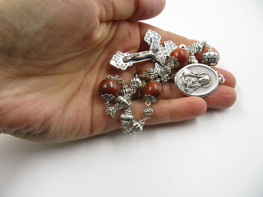 Sacred Heart Novena Prayer Chaplet, Our Lady of Mount Carmel medal, The Brown Scapular medal, Jasper Gemstone prayer beads, Travel beads