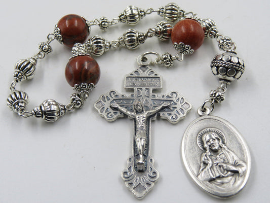 Sacred Heart Novena Prayer Chaplet, Our Lady of Mount Carmel medal, The Brown Scapular medal, Jasper Gemstone prayer beads, Travel beads