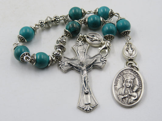 Our Lady of Czestochowa prayer beads, Turquoise Gemstone prayer gift, Car visor Rosary, Spiritual Prayer Beads, Wedding gift.