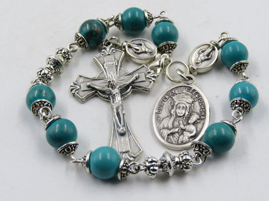 Our Lady of Czestochowa prayer beads, Turquoise Gemstone prayer gift, Car visor Rosary, Spiritual Prayer Beads, Wedding gift.