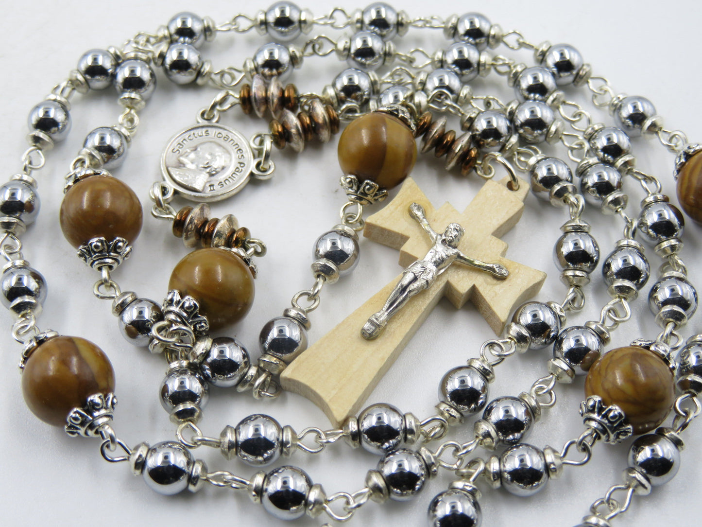 Unique Heirloom Silver Hematite Rosary beads, St John Paul II beads. Olive wood Crucifix, Boy's Rosary beads, Confirmation gift.