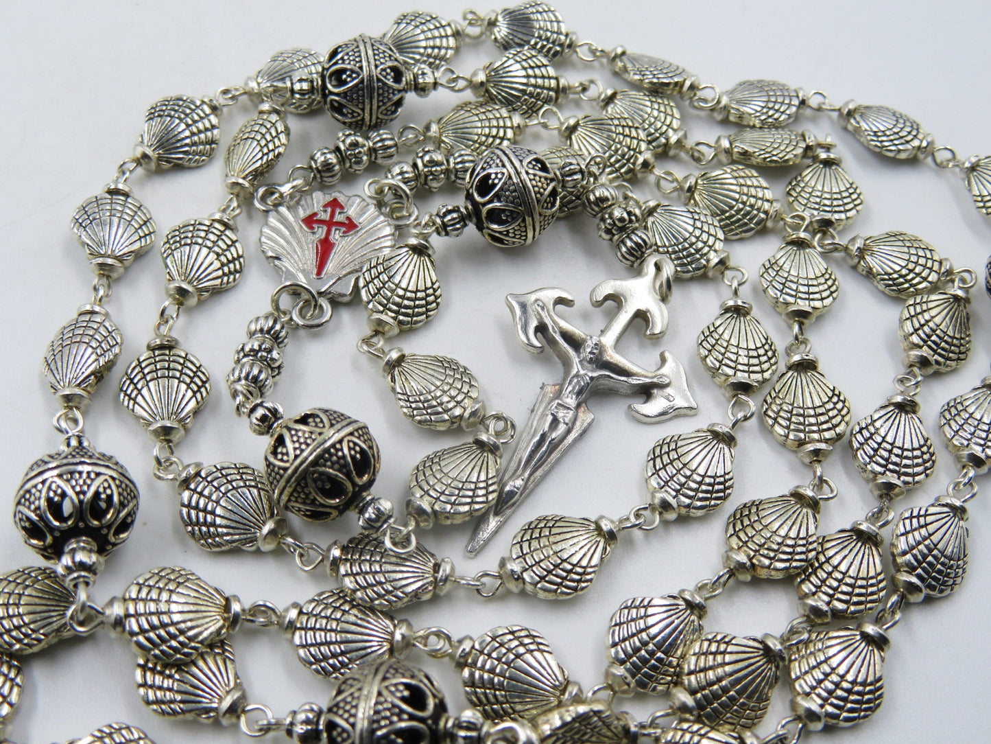 Saint James Catholic Rosary, Santiago de Compostela centre medal, Tibetan Silver Shell Rosaries, Pilgrims Rosary, Men's Rosaries.