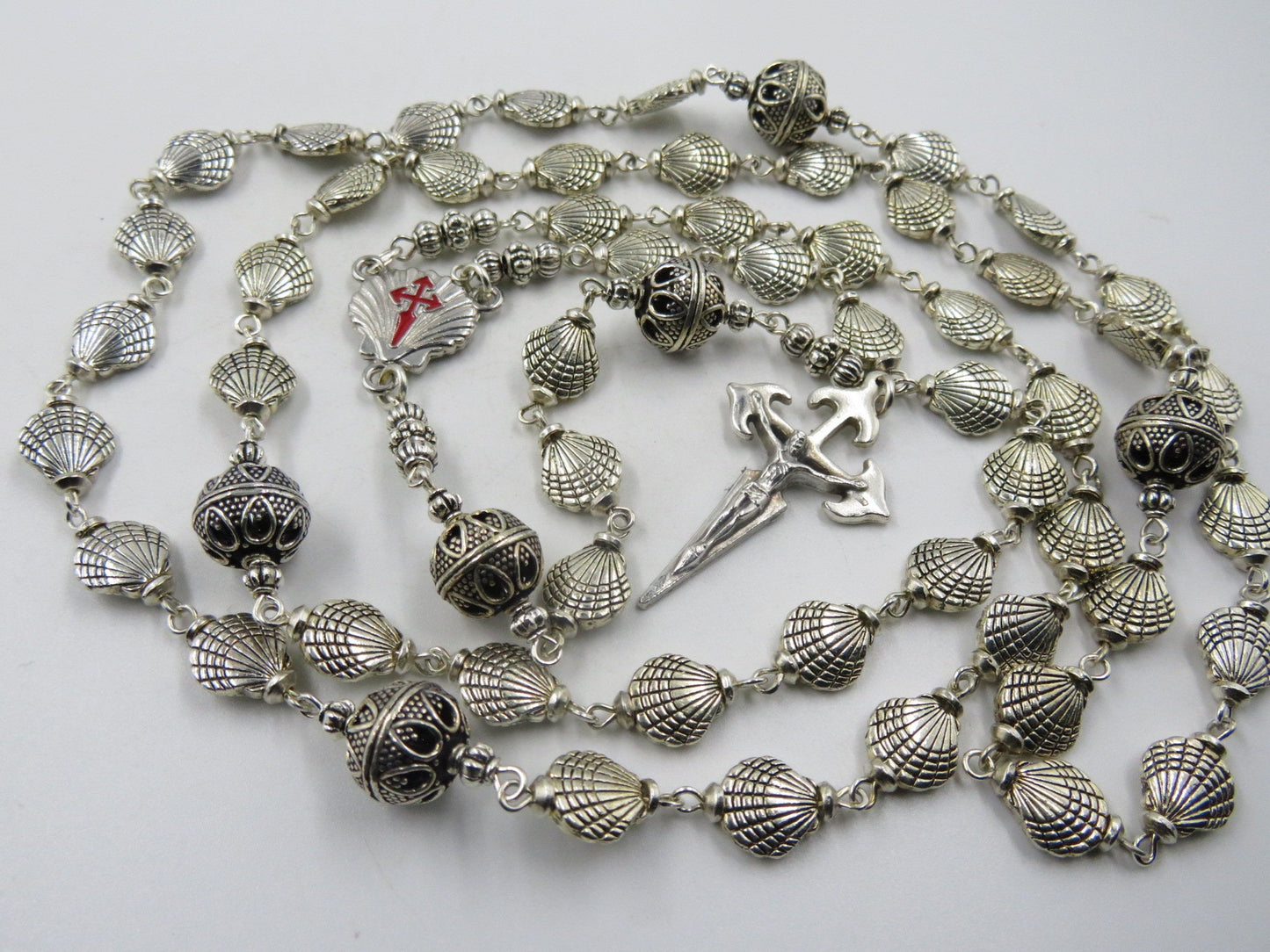 Saint James Catholic Rosary, Santiago de Compostela centre medal, Tibetan Silver Shell Rosaries, Pilgrims Rosary, Men's Rosaries.