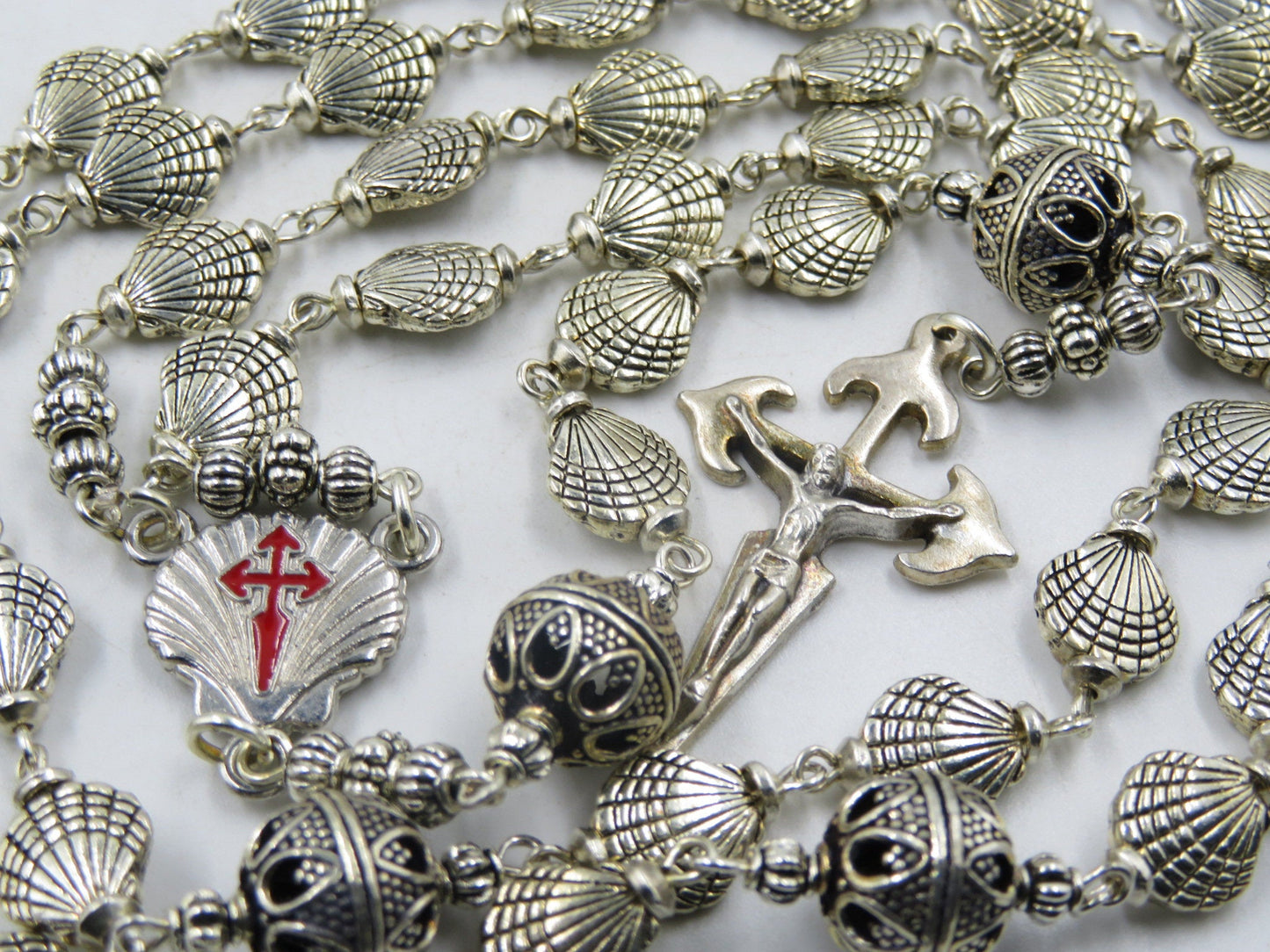 Saint James Catholic Rosary, Santiago de Compostela centre medal, Tibetan Silver Shell Rosaries, Pilgrims Rosary, Men's Rosaries.