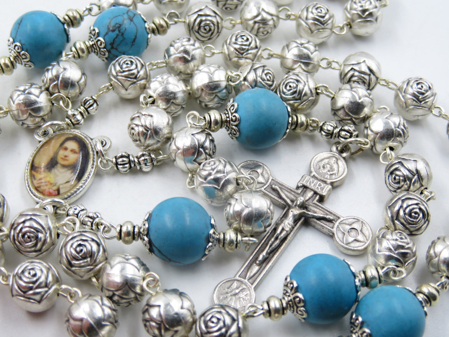 Saint Therese of Lisieux Rose Rosary Beads, Silver Rose flower bead Rosary, Forgiveness Crucifix, Wedding gift, Rosaries, Confirmation gift.
