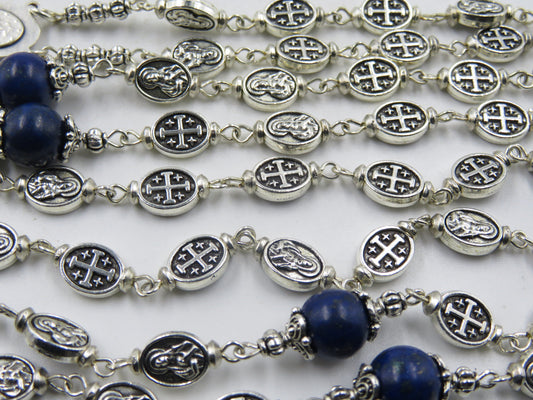 Immaculate Heart of Mary silver Rosary beads, Cross bead Rosaries, Sacramental Rosary beads,  Heirloom Rosary , Lapis Lazuli prayer beads.