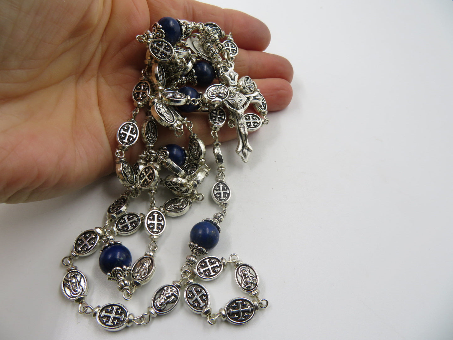 Immaculate Heart of Mary silver Rosary beads, Cross bead Rosaries, Sacramental Rosary beads,  Heirloom Rosary , Lapis Lazuli prayer beads.