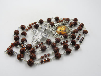 Saint Anthony carved wood prayer chaplet beads, St. Damiano Crucifix, Gemstone Rosary beads, Spiritual wedding gift, Confirmation Rosary,