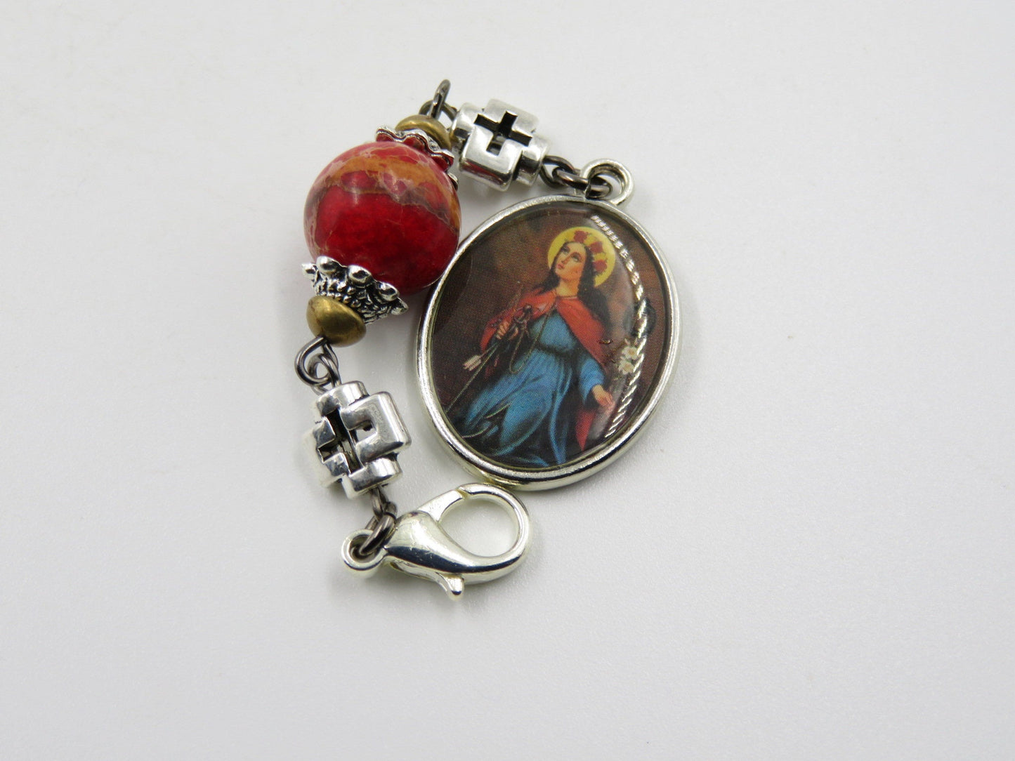 Saint Philomena picture medal purse clip, Religious Key chain medal, Rosary beads, Three Hail Mary bead, prayer beads, Ave Maria beads.