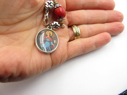 Saint Philomena picture medal purse clip, Religious Key chain medal, Rosary beads, Three Hail Mary bead, prayer beads, Ave Maria beads.